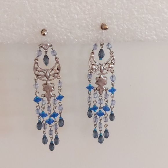 SOLD Silver & Blue Rhinestone Beaded 4" Dangle Earrings 💕HP💕 - Picture 2 of 2